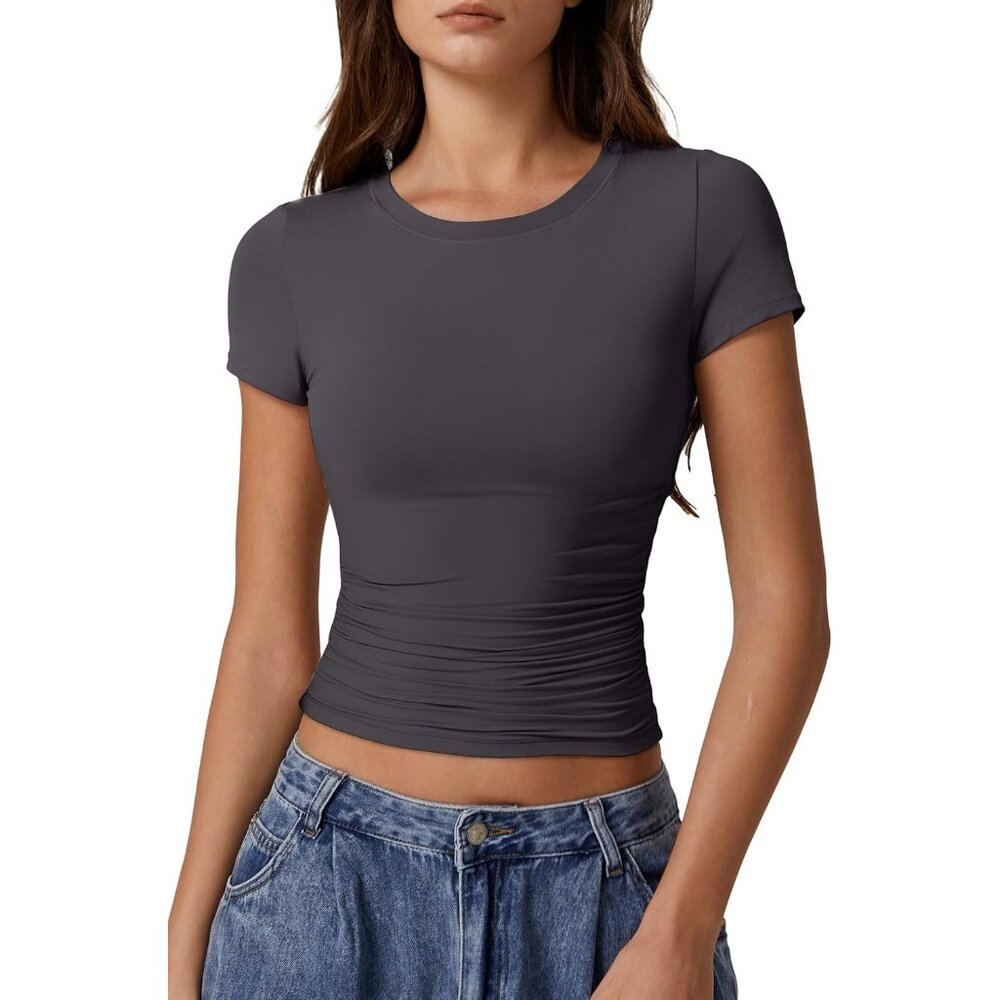 Women's Crop Tops Gray Short Sleeve Classic Y2K Round Neck Side Ruched Pleated